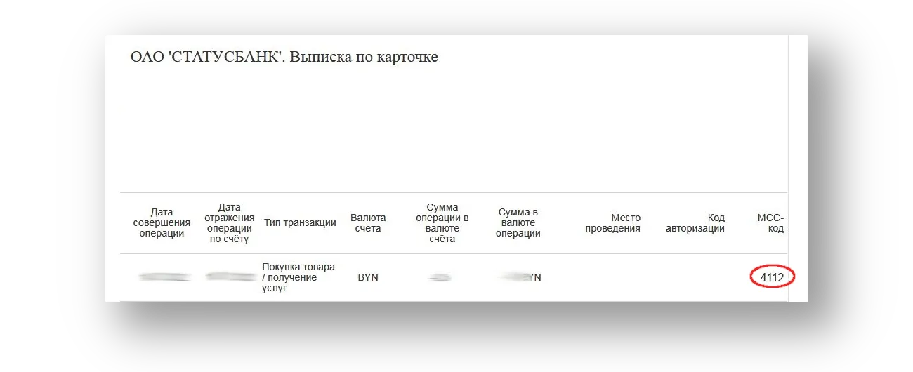 MCC-код в выписке по карте Статусбанка