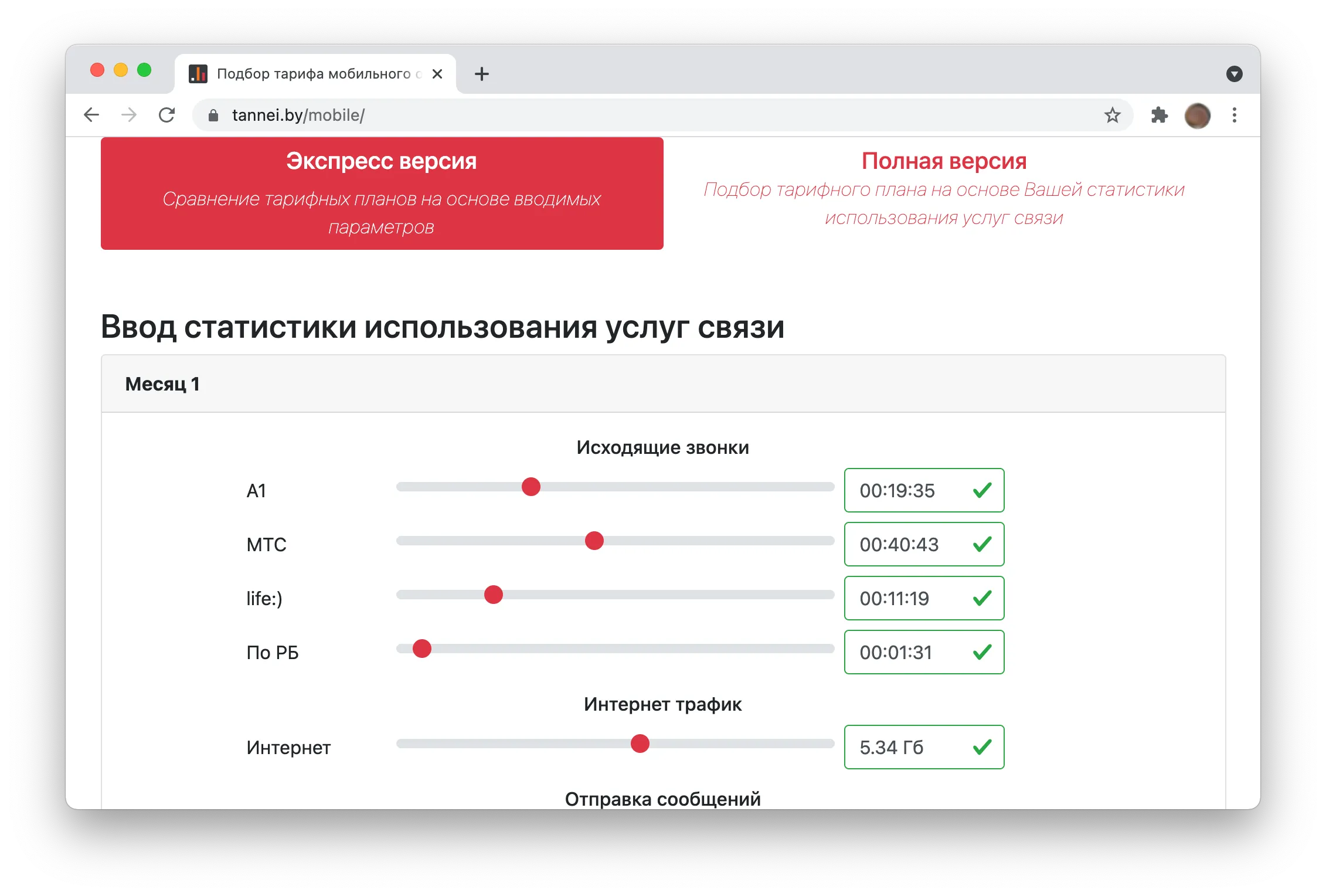 Шаг 1. Ввод статистики использования услуг связи